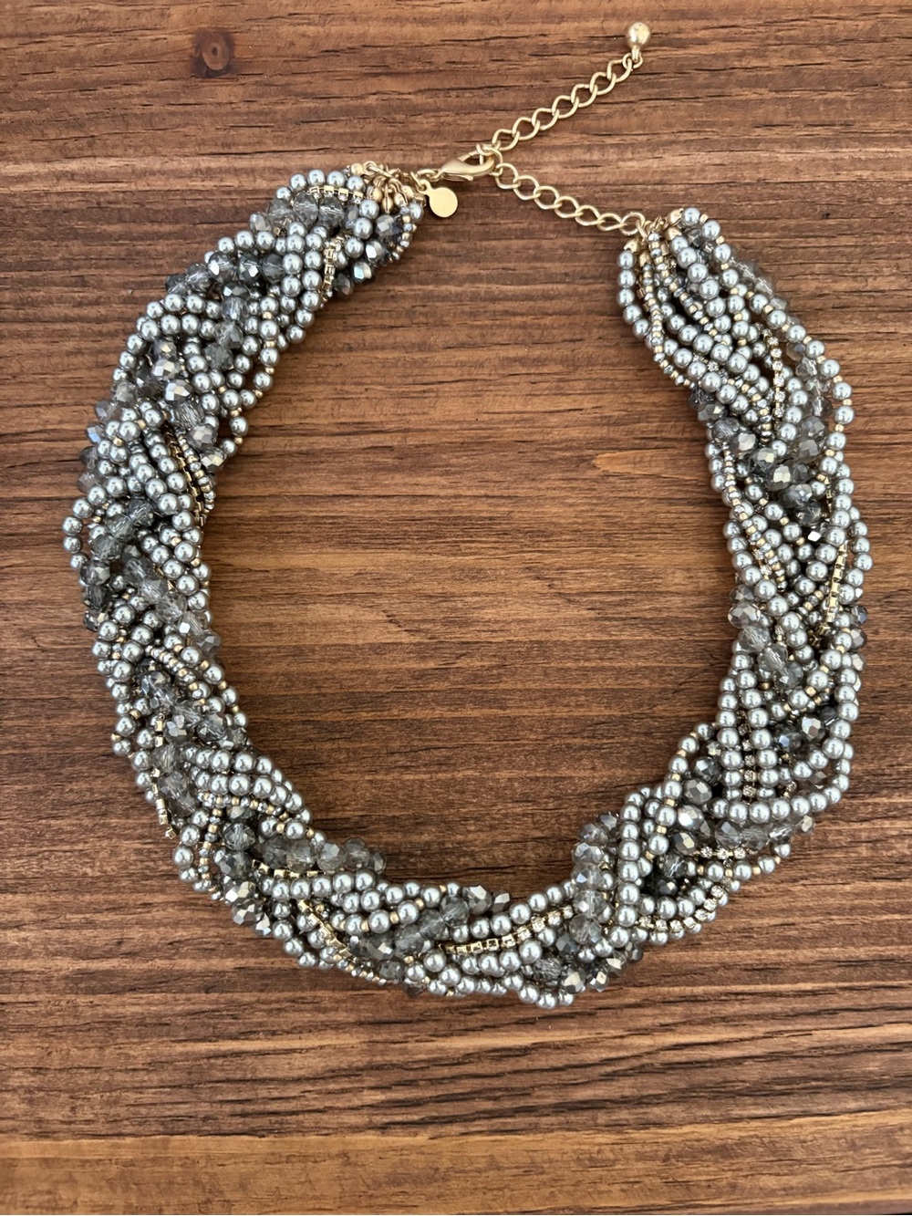 Braided Multi-Strand Seed Bead & Crystal Statement Necklace Mixed Metal Silver,